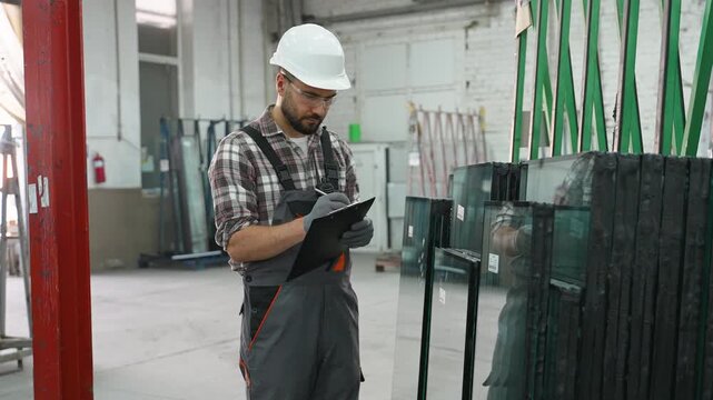 Warehouse worker inspecting glass sheets and taking notes