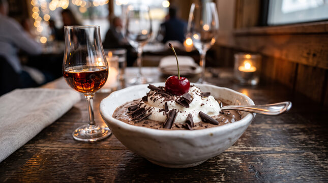Creamy men's cream with chocolate, whipped cream, chocolate shavings, and cherry in a white bowl, stylishly served with dessert wine &ndash; a classic dessert in a restaurant