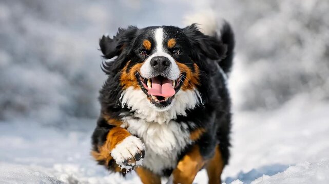 A contented Bernese Mountain Dog with tongue out and body language expressing joy, runs through a snow-covered landscape.