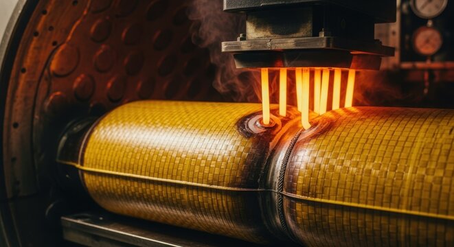 Closeup of Kevlar fuel bladder inside a large vulcanization oven highlighting the heatsealing process critical for durable leakproof fuel containment.