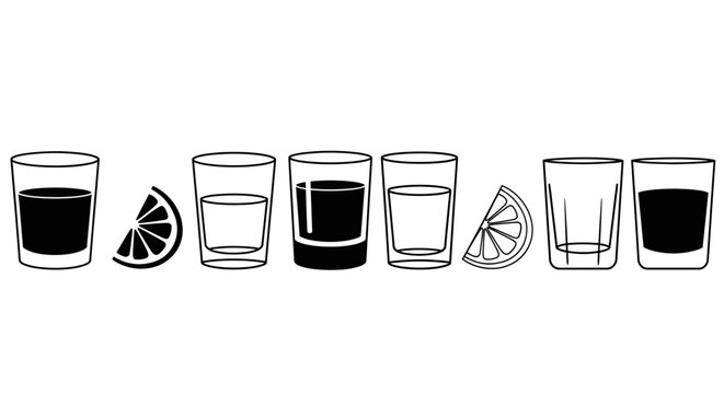 A collection of minimalist black and white drink icons representing tequila shot glasses with fresh citrus fruit lime wedges for bar menu design