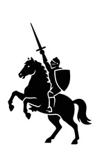 Fototapeta premium Black silhouette of a medieval knight on a rearing horse holding a lance isolated on a white background heroic warrior concept