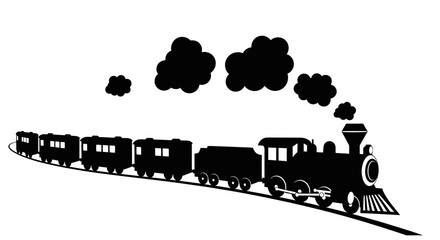 Vintage steam locomotive engine pulling passenger carriages on a railway track with smoke clouds against a white background © imran