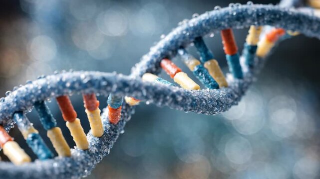 DNA double helix with colorful base pairs. Frosty texture overlays the molecular structure. Soft bokeh background enhances scientific detail. Close-up view highlights genetic research imagery