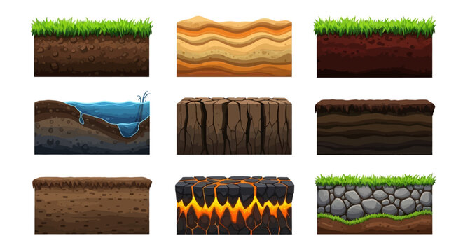 Set of vector cartoon soil layers with grass, sand, stone, water, and lava for game design