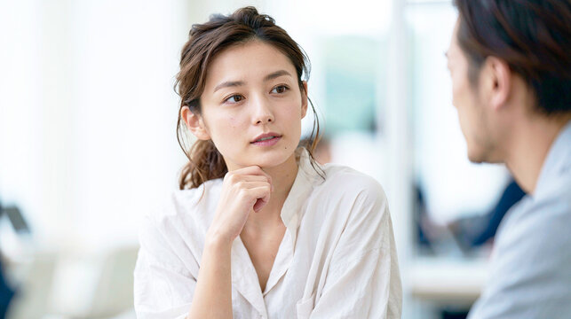 明るいオフィスで男性の話を真剣に聞く女性会社員
