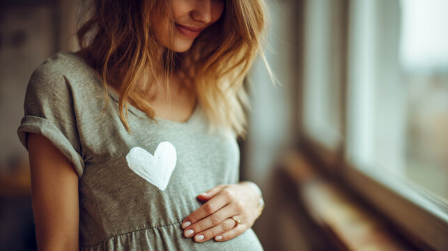 Woman holds her pregnant belly while smiling in a well-lit indoor setting with large windows