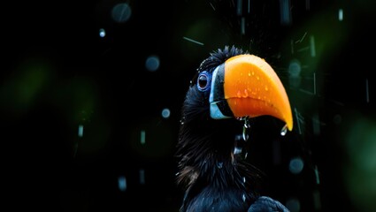 Obraz premium Close-up view of a toucan bird featuring a bright orange beak and dark feathers, with water droplets visible on its plumage, set against a blurred, lush green background