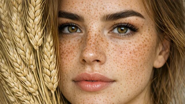 Golden wheat stalks frame a close-up of a woman's face. Her freckles dot her skin softly. Brown eyes gaze directly into the camera. Soft, natural lighting highlights her features