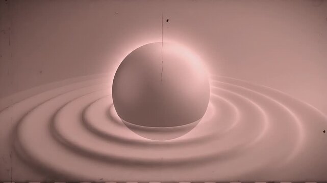 Macro Shot of a Glowing Spherical Object Interacting with Pulsating Circular Surface Wave Ripples in Physics Lab