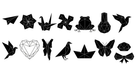 Obraz premium Geometric black origami icon set featuring various animal and object silhouettes in minimalist low poly paper art style for modern design