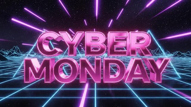 Pink 3D Cyber Monday text on retro neon synthwave background