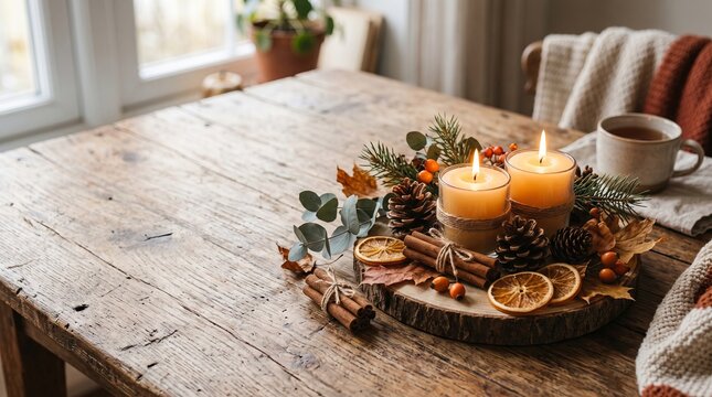 Decorative autumn centerpiece with candles on a wooden table "Concept of Autumn - Fall Aesthetics"  