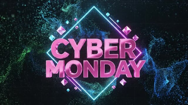 Pink 3D Cyber Monday text with neon diamond frame