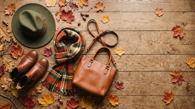 Autumn fashion accessories including hat, scarf, and bag on leaves  
