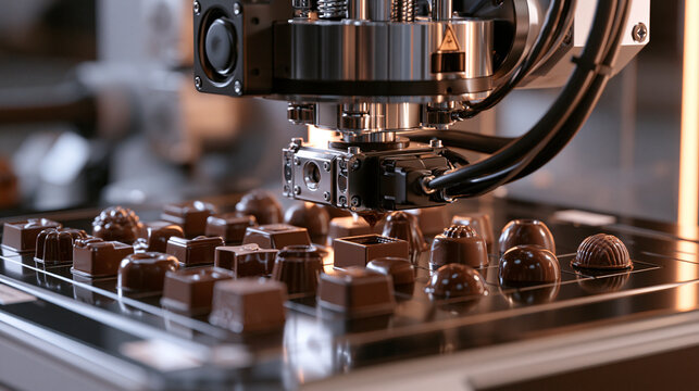 Industrial 3D printer manufacturing artisanal chocolates with precision technology. Perfect for modern confectionery production concepts.