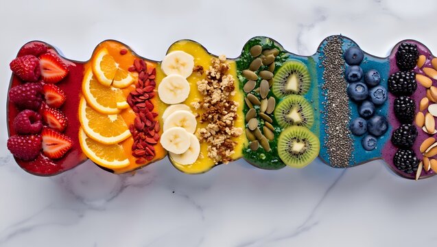 Vibrant smoothie bowl arranged in rainbow colors, featuring strawberries, oranges, bananas, kiwi, blueberries, and seeds, presented on a marble surface for an appealing visual display