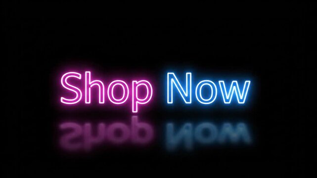 Pink and blue neon shop now sign on black background