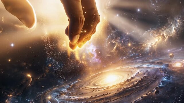 Biblical creation scene of the universe inspired by the Book of Genesis. Divine hand of God touching and shaping a swirling galaxy in deep space. Christian faith and spirituality concept