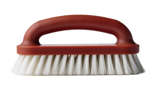 Isolated practical brown handled household cleaning brush with white bristles for scrubbing tasks