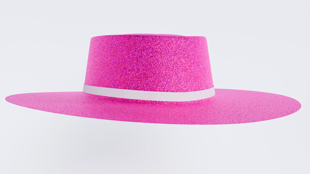 Glamorous hot pink sparkly pampean hat shown in side profile, featuring a glittering textured surface and white accent band, isolated on neutral white backdrop for party fashion and festival mockups.