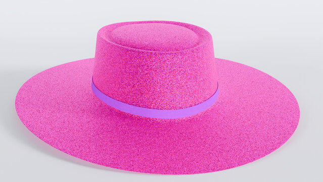 Glamorous pink sparkly pampean hat with a purple ribbon, featuring a sparkling textured surface, three-quarter perspective isolated on neutral white backdrop.