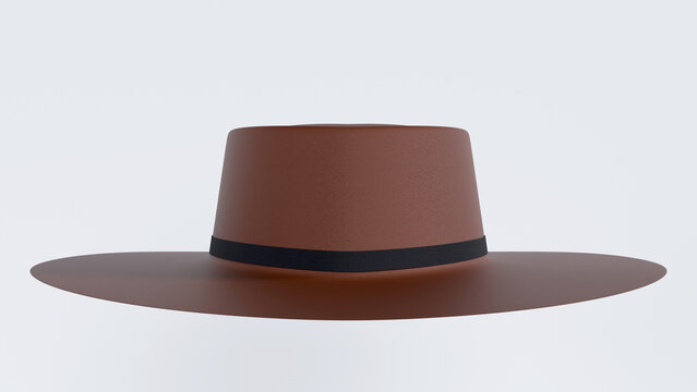 Brown gaucho hat front perspective view isolated on white backdrop, traditional flat crown felt fedora boater hat for clothing store showcase.