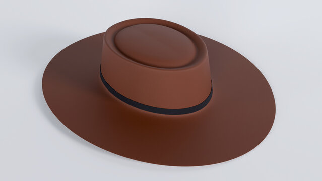 Brown gaucho hat top perspective view isolated on white backdrop, traditional pork pie crown felt fedora boater hat for rustic and country headwear accessory.