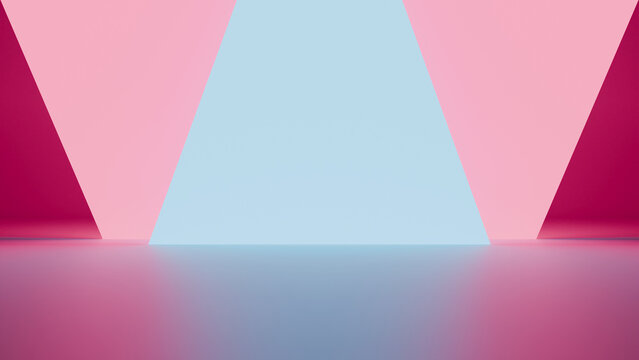 Abstract minimalist interior background with a light blue triangular light beam opening, flanked by pink and magenta geometric walls with soft reflections on the floor, 3D render illustration.