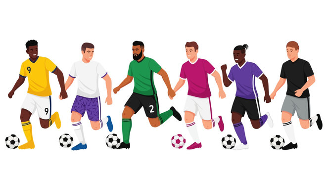 Diverse international soccer players in colorful uniforms dribbling footballs on white background