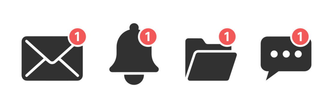 Notification Icons. A set of four minimalist dark notification icons: an envelope, a bell, a folder, and a chat bubble, each with a red notification badge indicating a new message or alert.