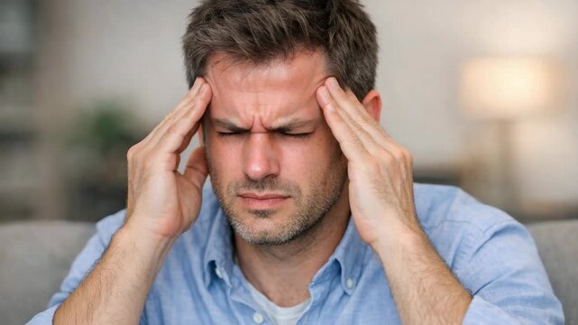 Man holds his head, showing discomfort. He wears a light blue shirt. Soft background suggests a home environment. His expression conveys pain or stress. Fingers press into temples