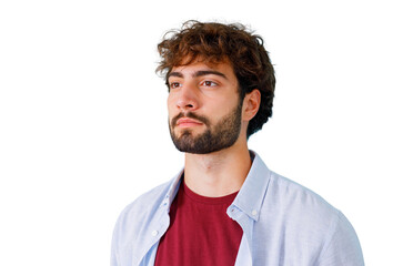 Obraz premium Young thinking man looking away, serious expression, having an idea, pondering future, on transparent background