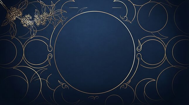 Elegant Mid-Autumn Festival background featuring a golden circular frame with delicate floral line art and crescent moon patterns on a deep navy blue premium texture for banner