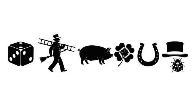 Black and White Silhouettes of Traditional Good Luck Symbols and Charms Set Including Dice Chimney Sweep Pig Clover Horseshoe Ladybug and Top Hat