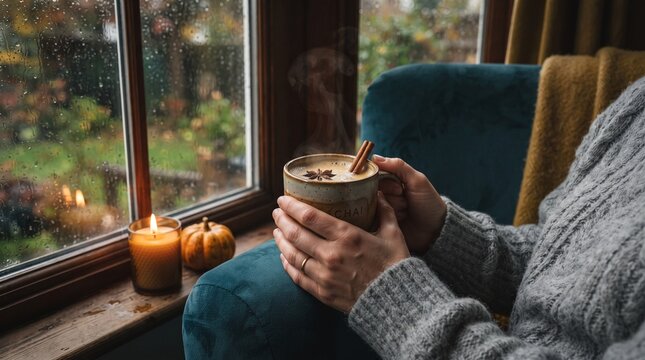Imagem focada nas m&atilde;os segurando a caneca fumegante ao lado da janela, transmitindo a sensa&ccedil;&atilde;o acolhedora e aconchegante de um dia de chuva.