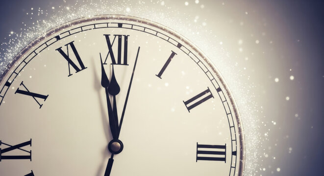 Close up view of vintage clock face showing time approaching midnight with glowing stardust particles creating magical atmosphere across frame.