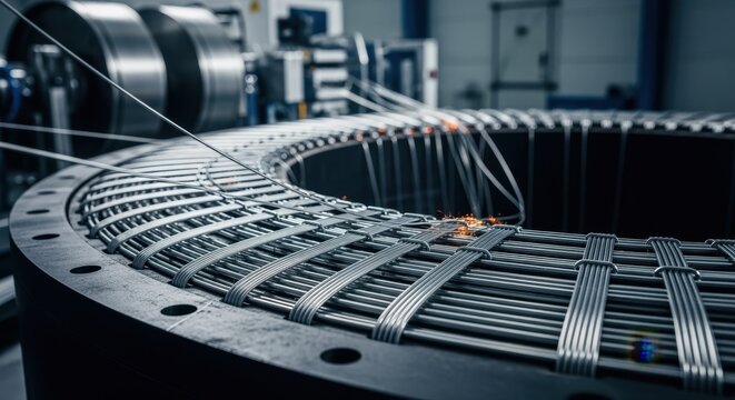 Intricate layers of superconducting wire being wrapped around a toroidal coil former inside a fusion research coil winding facility.
