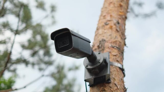 A round-the-clock surveillance camera mounted on a tree trunk in a nature reserve