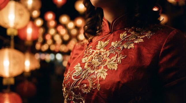 Elegant woman wearing a traditional red Cheongsam with intricate gold embroidery celebrating the Mid-Autumn Festival amidst glowing Chinese lanterns in a cinematic night setting