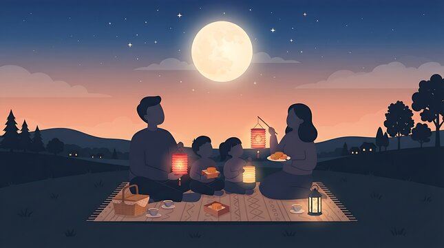 Happy family celebrating Mid-Autumn Festival with traditional lanterns and mooncakes under a large glowing full moon during a night picnic, flat vector illustration style background