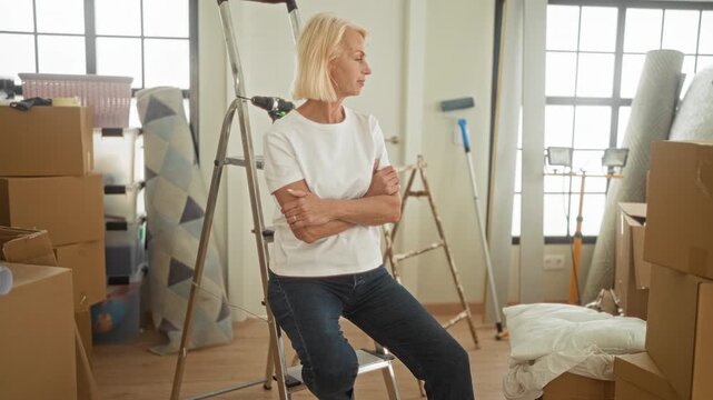Woman arms crossed leaning on ladder amid stacked moving boxes in a building room; moving transition contemplation.