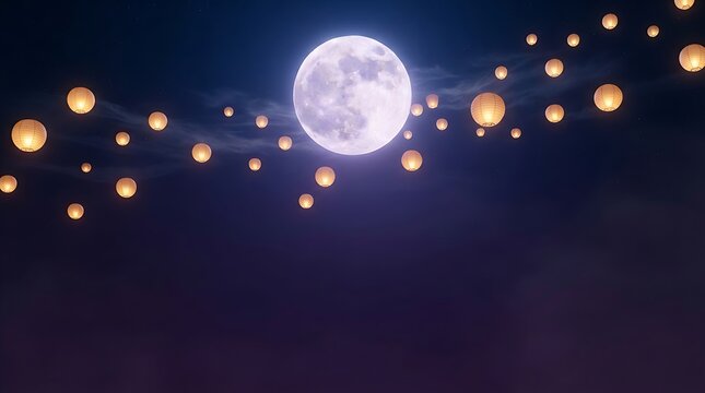 Glowing paper lanterns floating around a large full moon during Mid-Autumn Festival celebration in a dark blue night sky landscape background for banner