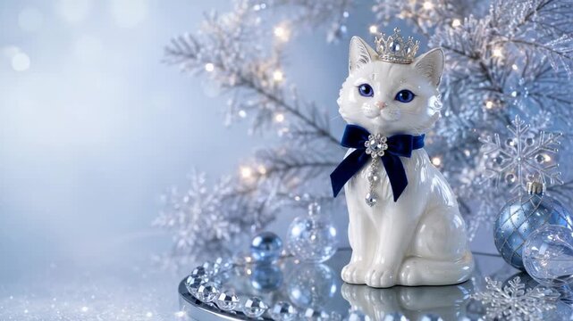 White ceramic cat figurine wearing a crown and blue bow for Christmas decoration. Winter holiday ornament with snowflake backdrop and glittering light for festive, copy space