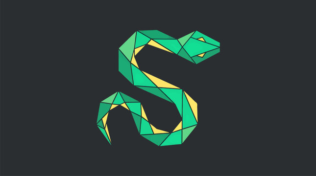 Geometric Snake Icon Illustration, Modern Flat Design with Green and Yellow Polygons on Dark Background, Vector Graphic Element