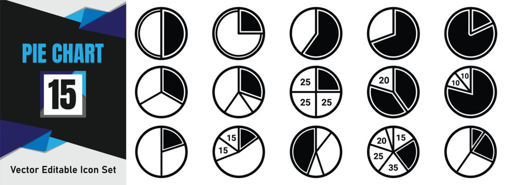 Set of fifteen hand drawn pie chart icons representing various data percentages and statistical analysis business graphics