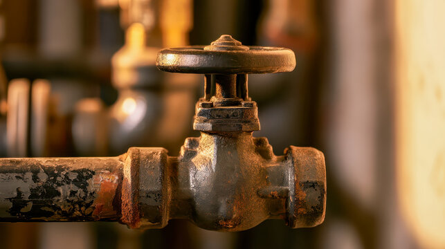 Compact cast iron gate valve with round handwheel on a rusted industrial pipe