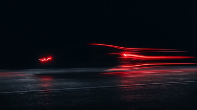 Red car light trails on dark road at night long exposure photography