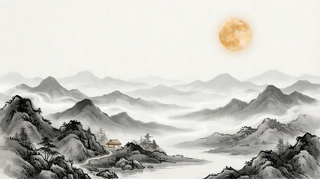 Golden full moon glowing over misty mountains and a small traditional house in a serene landscape with Chinese ink wash painting style for Mid-Autumn Festival background