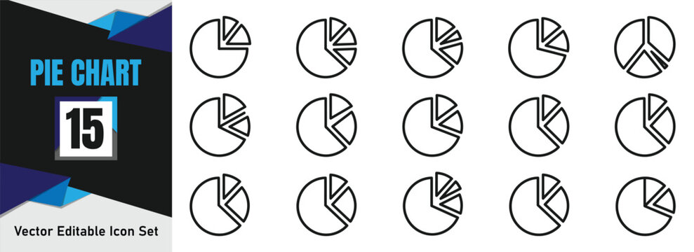 Set of fifteen hand drawn pie chart icons representing various data percentages and statistical analysis business graphics